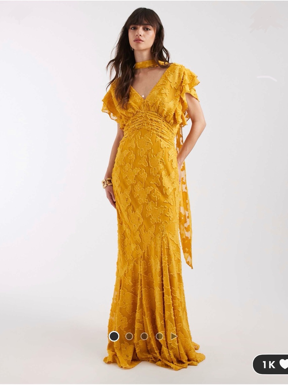 Jacquard Maxi Dress with Flutter Sleeves and matching Scarf